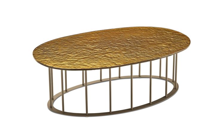 Chic tavolino struttura metallo beige e piano ambra--Oro-Metallo-30 cmx90 cm