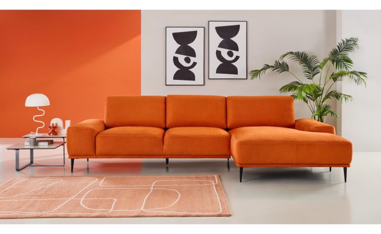 Golden divano angolare con penisola in tessuto arancione-Imbottitura in memory foam-Arancione-Tessuto-85 cmx324 cm