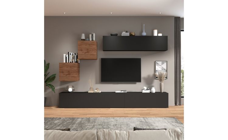 Vasto parete soggiorno colore antracite e rovere L300 cm-Composizione 13-Antracite-Nobilitato-220 cmx300 cm