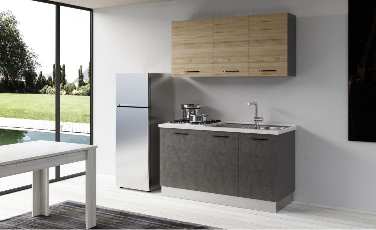 Gilda cucina 150 cm colore cemento scuro e rovere cadiz-1 elettrodomestico-Legno naturale-Pannello