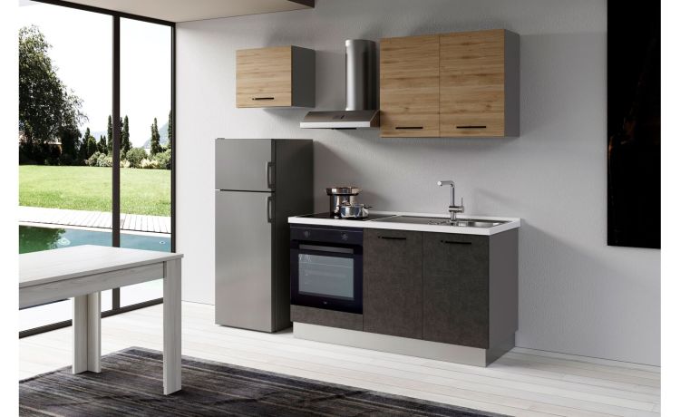 Gilda 2.0 cucina 210 cm colore portland e rovere cadiz-3 elettrodomestici, Piano Cottura a INDUZIONE, frigo 230 lt-Pietra scura-Pannello
