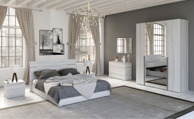 Mia camera matrimoniale frassino ghiaccio, letto senza contenitore-Armadio 4 ante con specchi-Legno bianco-Nobilitato