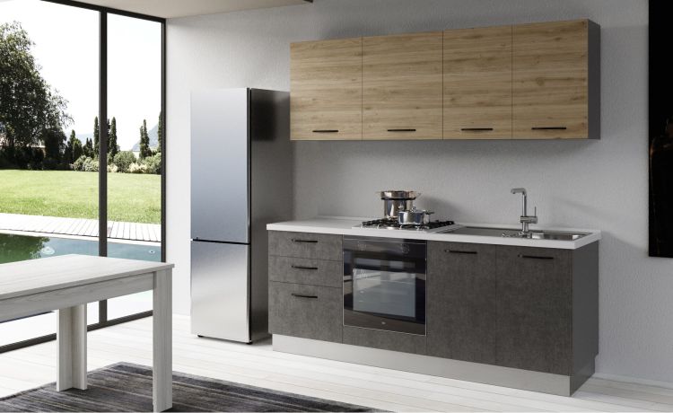 Gilda cucina 210 cm colore cemento scuro e rovere cadiz-2 elettrodomestici-Legno naturale-Pannello