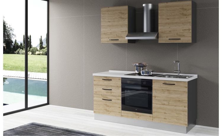 Gilda 2.0 cucina 180 cm colore rovere cadiz -2 elettrodomestici, Piano Cottura a INDUZIONE--Pannello-216 cmx180 cm