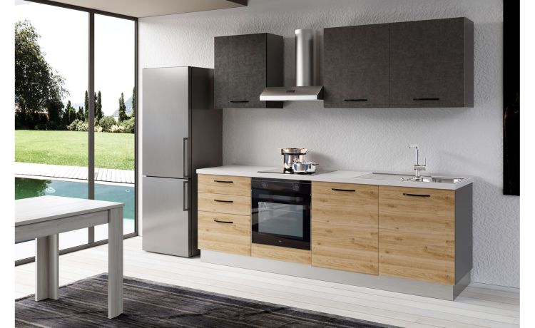 Gilda 2.0 cucina 300 cm colore rovere cadiz e portland -3 elettrodomestici, Piano Cottura a INDUZIONE-Pietra scura-Pannello