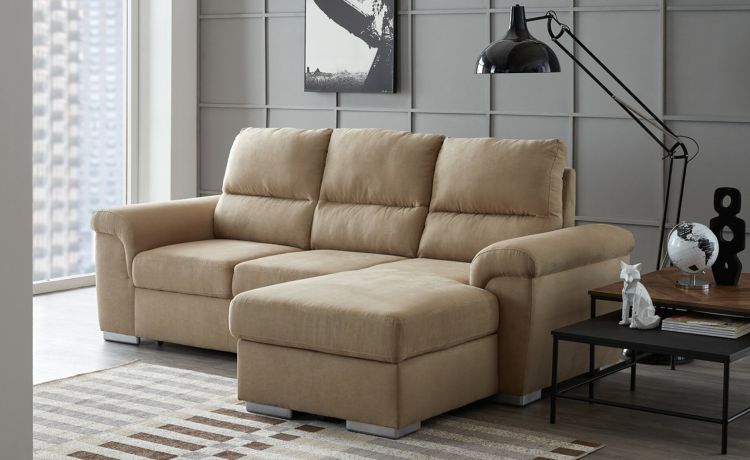 Marsala divano con penisola in tessuto beige-Panchetta relax estraibile e contenitore-Beige-Tessuto-120 x 130 cm