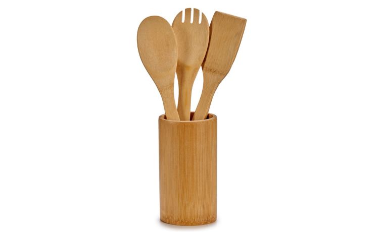 Set 3 utensili con portautensili in bamboo- -Legno naturale-Bamboo