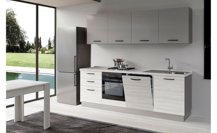 Gilda cucina 300 cm colore frassino ghiaccio e light grey -4 elettrodomestici, frigo da 320 lt-Legno bianco-Pannello