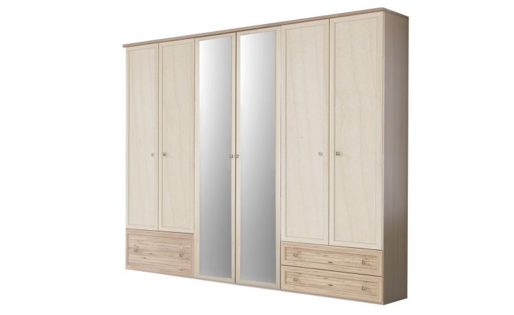 Susy armadio 6 ante battenti cassettone a sinsitra betulla con specchi-In pannello ecologico certificato-Legno naturale-Pannello ecologico-241 cmx258 cm