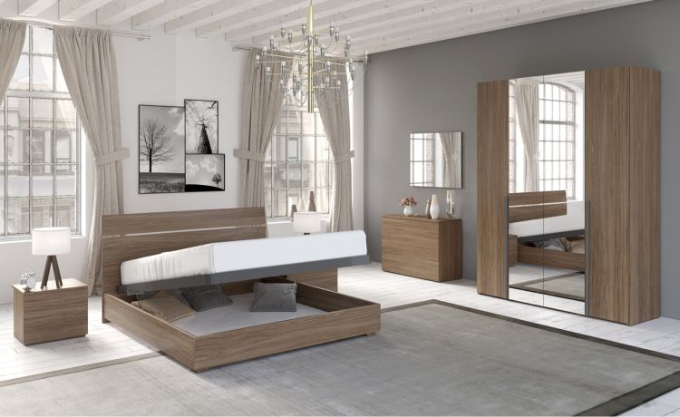 Mia camera matrimoniale noce biondo, letto con contenitore-Armadio 4 ante con specchi-Legno scuro-Nobilitato