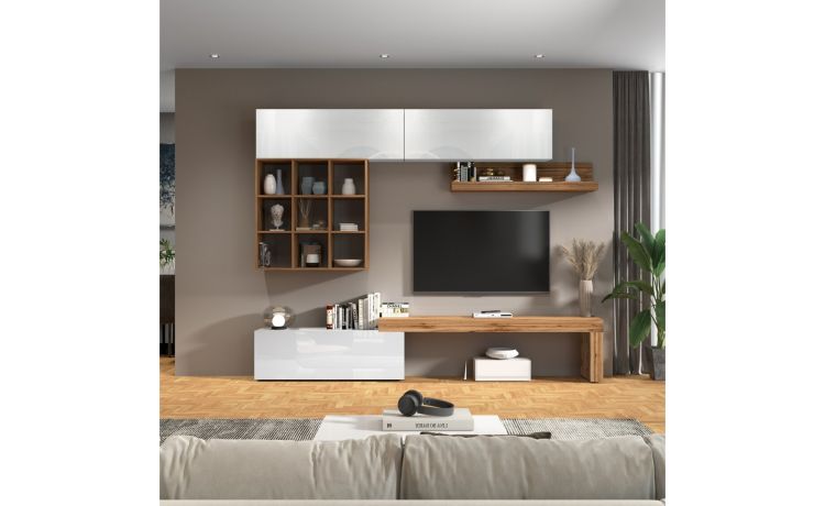 Vasto parete soggiorno colore bianco lucido e rovere L280 cm-Composizione 9-Bianco-Nobilitato-220 cmx280 cm