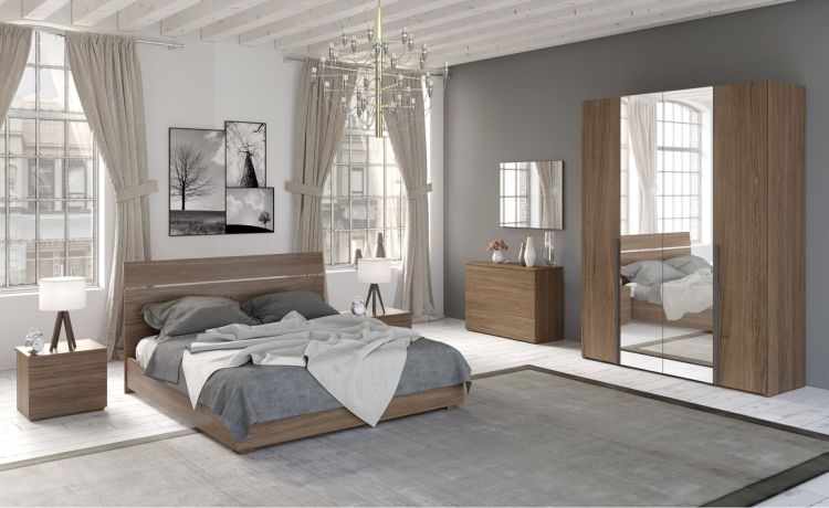 Mia camera matrimoniale noce biondo, letto senza contenitore-Armadio 4 ante con specchi-Legno scuro-Nobilitato