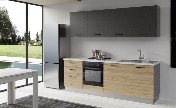 Gilda cucina 240 cm colore rovere cadiz e cemento scuro-2 elettrodomestici-Legno naturale-Pannello