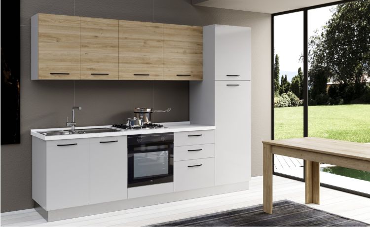 Gilda cucina 270 cm colore light grey e rovere cadiz-3 elettrodomestici, frigo da 230 lt-Grigio chiaro-Pannello