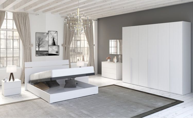 Mia camera matrimoniale bianco frassino, letto con contenitore-Armadio 6 ante-Bianco-Nobilitato