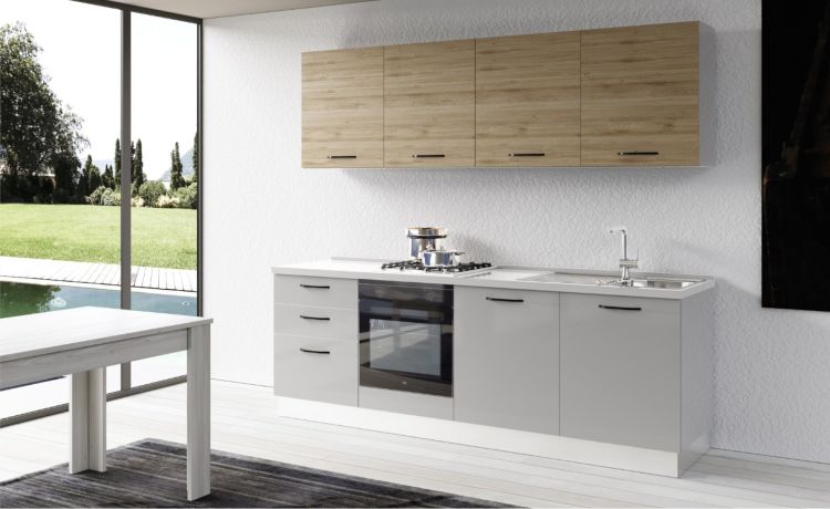 Gilda cucina 240 cm colore light grey e rovere cadiz-2 elettrodomestici-Grigio chiaro-Pannello