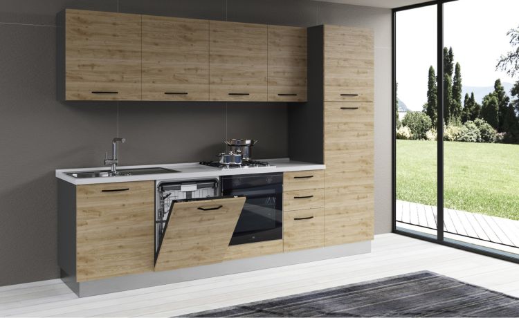 Gilda cucina 285 cm colore rovere cadiz -4 elettrodomestici, frigo da 230 lt--Pannello-216 cmx285 cm