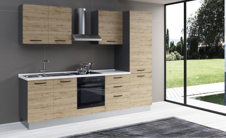 Gilda 2.0 cucina 270 cm colore rovere cadiz -3 elettrodomestici, Piano Cottura a INDUZIONE--Pannello-216 cmx270 cm
