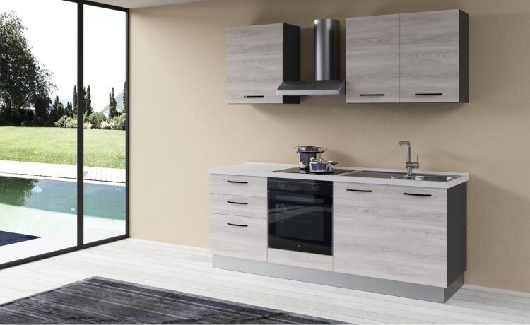 Gilda 2.0 cucina 210 cm colore frassino ghiaccio-2 elettrodomestici, Piano Cottura a INDUZIONE--Pannello-216 cmx210 cm