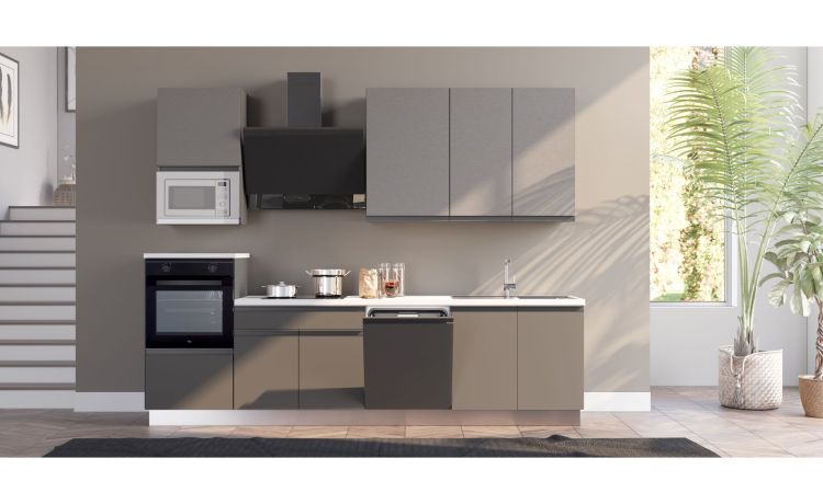 Young cucina completa L300 cm con piano induzione, disponibile in vari colori -4 elettrodomestici--Pannello melaminico-240 cmx300 cm