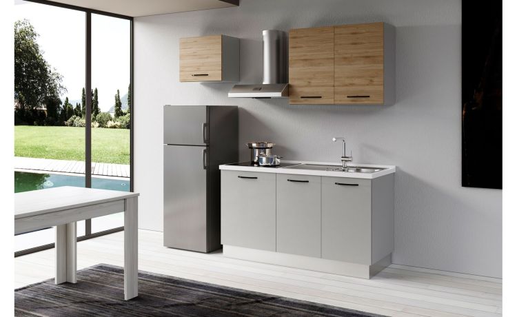 Gilda 2.0 cucina 210 cm colore light grey e rovere cadiz -2 elettrodomestici, Piano Cottura a INDUZIONE, frigo 230 lt-Grigio chiaro-Pannello