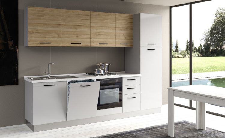 Gilda cucina 285 cm colore light grey e rovere cadiz-4 elettrodomestici, frigo da 230 lt-Grigio chiaro-Pannello