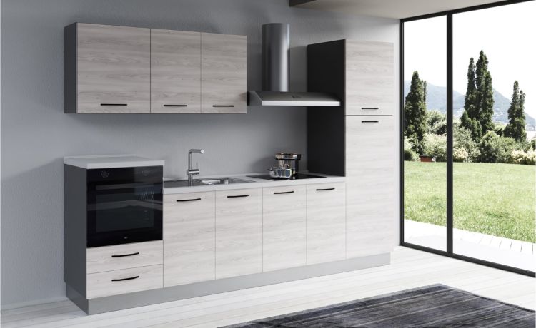 Gilda 2.0 cucina 300 cm colore frassino ghiaccio -3 elettrodomestici, Piano Cottura a INDUZIONE--Pannello-216 cmx300 cm