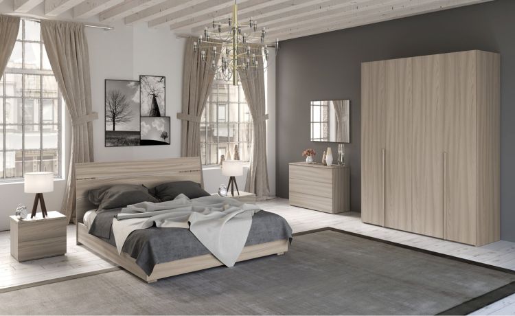 Mia camera matrimoniale olmo delicato, letto senza contenitore-Armadio 4 ante-Legno naturale-Nobilitato