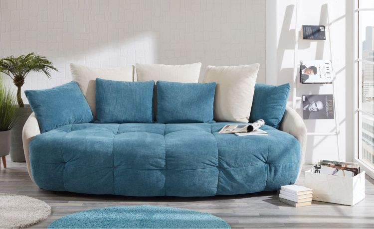 Macaron divano megasofà in tessuto panna e azzurro-Cuscini arredo inclusi-Cromo-Tessuto-80 cmx233 cm