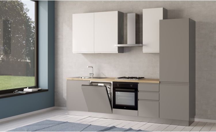 Iris cucina 285 cm colore grigio chiaro e bianco opaco con lavastoviglie-4 elettrodomestici--Melaminico