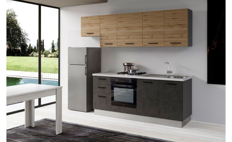 Gilda cucina 255 cm colore portland e rovere cadiz-3 elettrodomestici, frigo da 230 lt-Pietra scura-Pannello