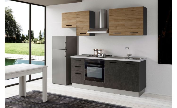 Gilda 2.0 cucina 255 cm colore portland e rovere cadiz -3 elettrodomestici, Piano Cottura a INDUZIONE-Pietra scura-Pannello