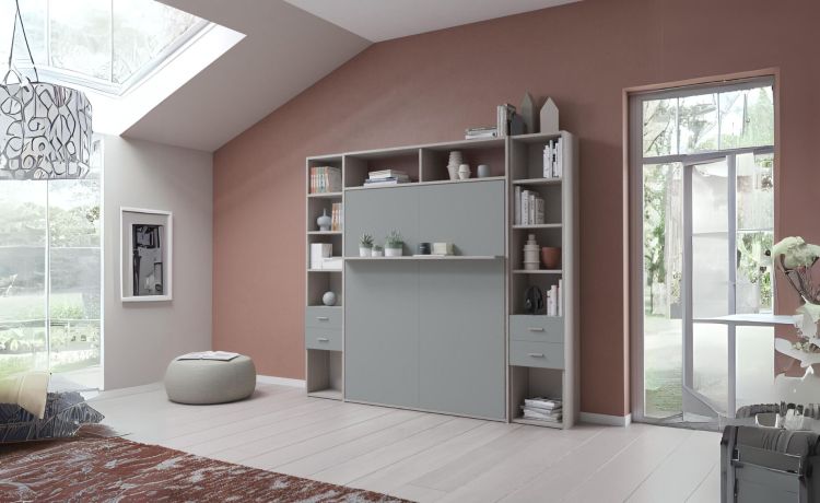 Cabrio letto a scomparsa colore tiglio e alluminio laccato con mensola-L272xH242-Legno scuro-Pannello-Matrimoniale