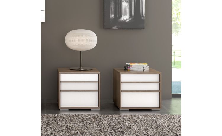 Lorena comodino 2 cassetti noce e bianco lucido-In pannello ecologico certificato-Bianco-Pannello ecologico-43 cmx51 cm