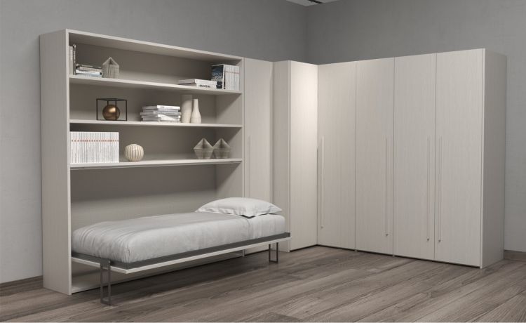 Cabrio letto singolo a scomparsa betulla con libreria-In pannello