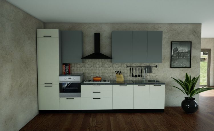 Maila cucina 360 cm spatolato bianco e grigio cenere---Melaminico