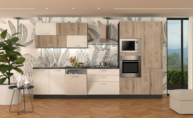 Sally cucina 360 cm colore legno nodato/cemento bianco--Legno-Melaminico-216 cmx360 cm