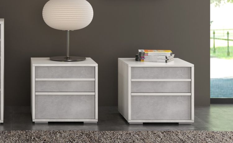 Lorena comodino 2 cassetti legno bianco e cemento-In pannello ecologico certificato-Cemento-Pannello ecologico-43 cmx51 cm