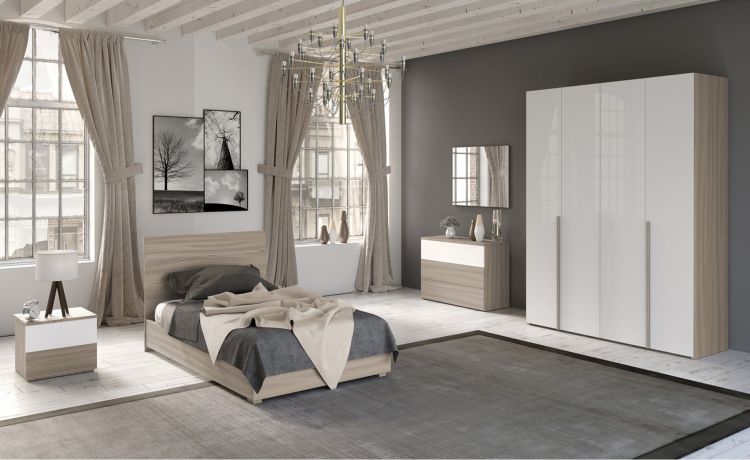 Mia cameretta olmo delicato/bianco lucido, letto piazza e mezza senza contenitore-Armadio 4 ante-Legno naturale-Nobilitato