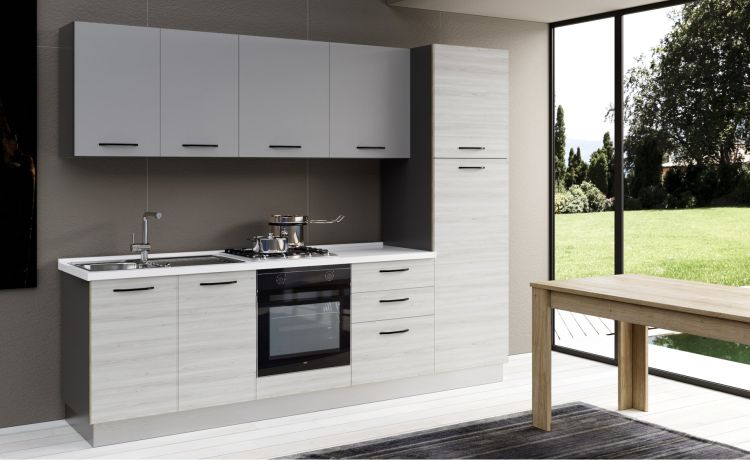 Gilda cucina 270 cm colore frassino ghiaccio e light grey-3 elettrodomestici, frigo da 230 lt-Grigio chiaro-Pannello