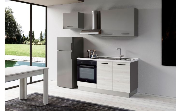 Gilda 2.0 cucina 210 cm colore frassino ghiaccio e light grey -3 elettrodomestici, Piano Cottura a INDUZIONE, frigo da 230 lt-Legno bianco-Pannello