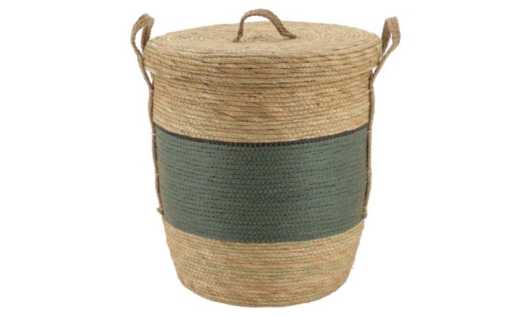 Cesta con coperchio e fascia cachi h43 cm--Verde-Fibra naturale
