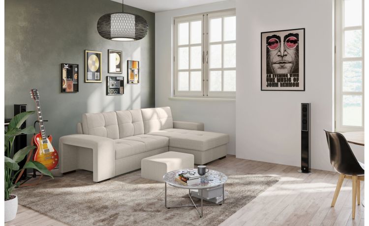 Brando divano in tessuto con penisola color sabbia-Con contenitore, panchetta letto e pouf estraibile-Sabbia-Tessuto