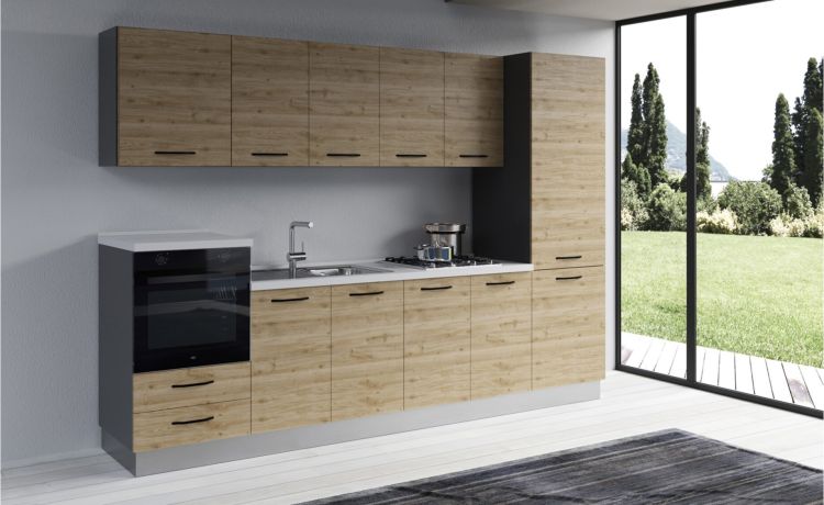 Gilda cucina 300 cm colore rovere cadiz -3 elettrodomestici--Pannello-216 cmx300 cm