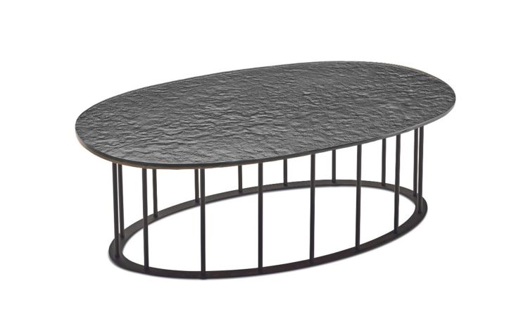 Chic tavolino elittico metallo nero e piano grigio martellato--Grigio-Metallo-30 cmx90 cm
