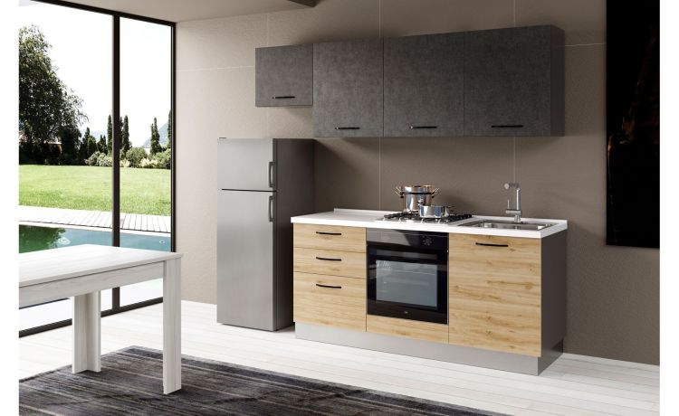 Gilda cucina 240 cm colore rovere cadiz e portland -3 elettrodomestici-Pietra scura-Pannello