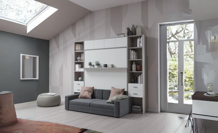 Cabrio letto a scomparsa con divano e mensola colore tiglio e bianco opaco-L272xH242-Bianco-Pannello-Matrimoniale