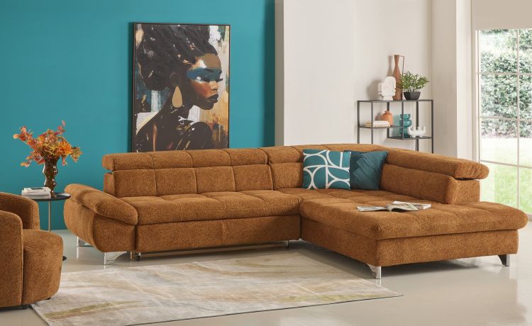 George divano angolare tessuto arancio-Con panchetta letto e poggiatesta inclinabili-Arancione-Tessuto-228 x 124 cm