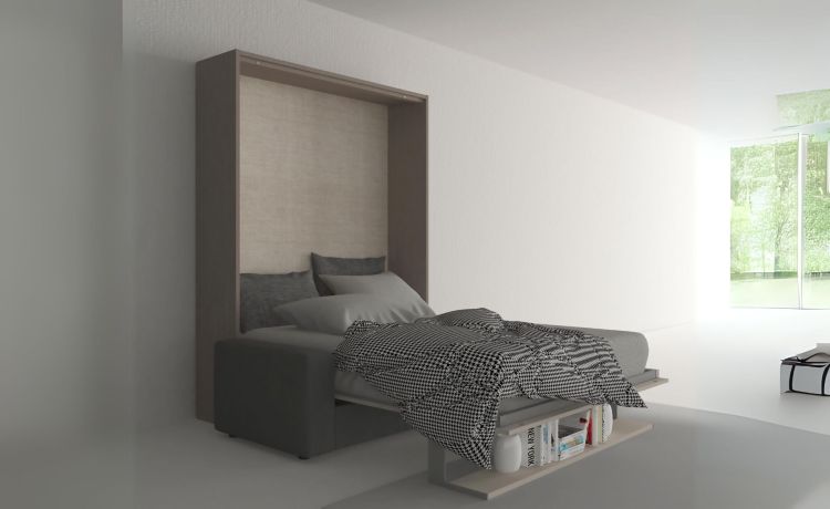 Cabrio letto a scomparsa con divano e mensola colore tiglio e corda-L206xH208-Bianco-Pannello-Matrimoniale