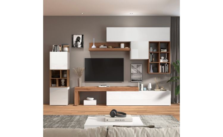 Vasto parete soggiorno colore bianco lucido e rovere L320 cm-Composizione 7-Bianco-Nobilitato-220 cmx320 cm